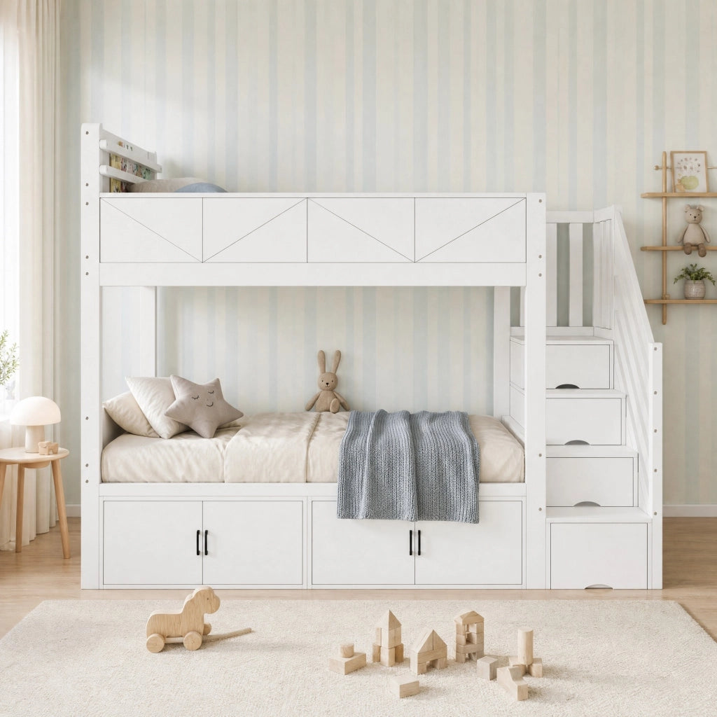 Letto a castello 90 × 200 cm 2 posti con scala contenitore, vani chiusi e ripiano libri, senza materasso, bianco