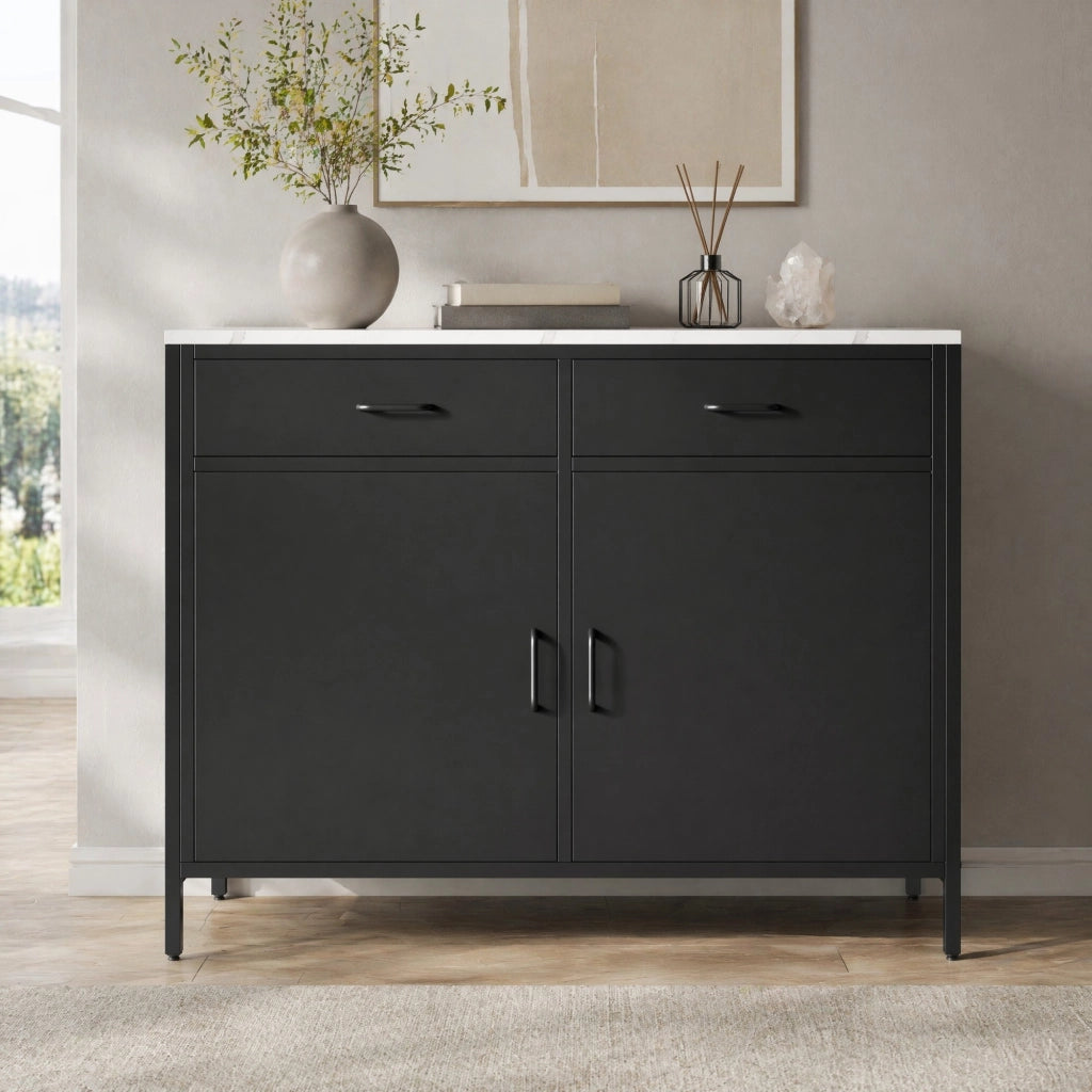 Stehtisch nero con piano effetto marmo, 100 x 90 x 90 cm, in MDF con gambe in ferro, con cassetti e vani regolabili