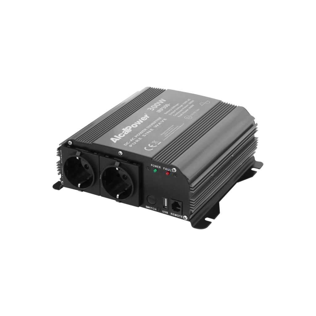 Alcapower Inverter ad Onda Sinusoidale Pura 300W, Ingresso 12V DC, Uscita 230V AC, 2 Prese Schuko, USB 5V 500mA per dispositivi elettronici sensibili