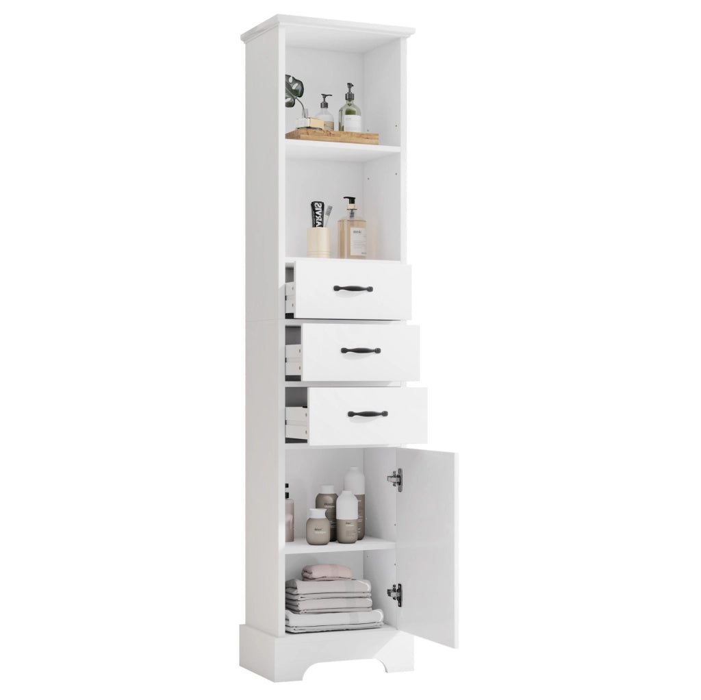 Armadio bagno salvaspazio 38x26x172;5 cm in MDF laccato bianco con 3 cassetti