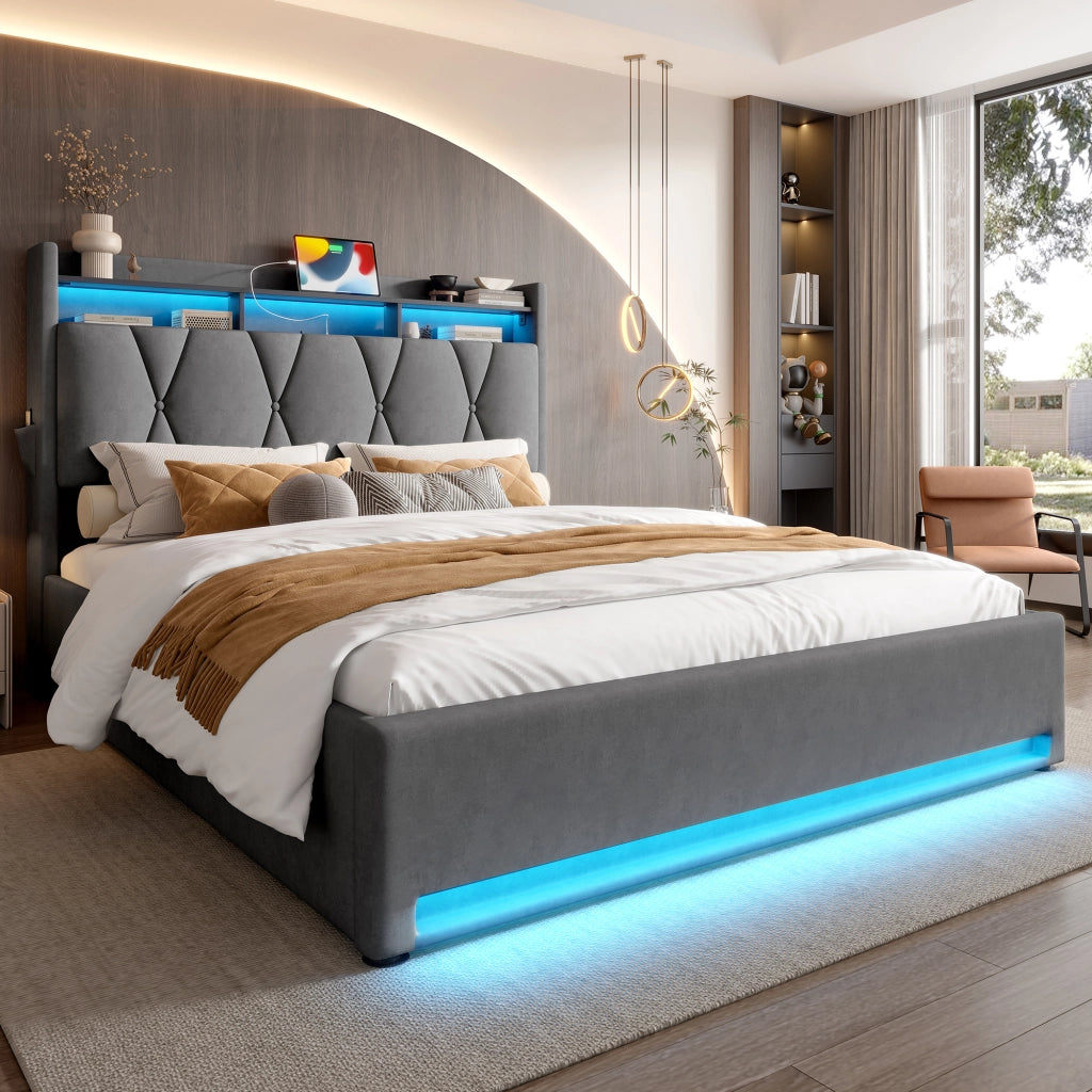 Letto matrimoniale contenitore 160x200 in velluto grigio scuro con luci LED e prese USB