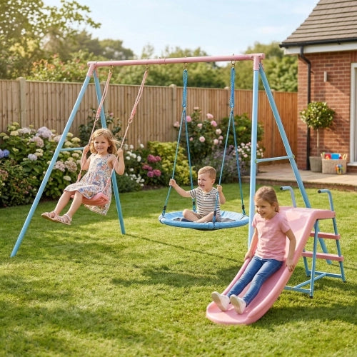 Altalena con scivolo due sedute classica e rotonda struttura in acciaio e HDPE blu e rosa per bambini dai 3 anni
