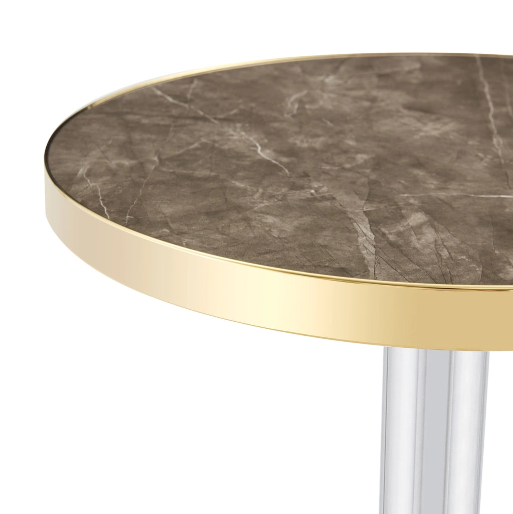 Tavolino rotondo da salotto con piano effetto marmo UV in MDF e struttura in acciaio inox dorato