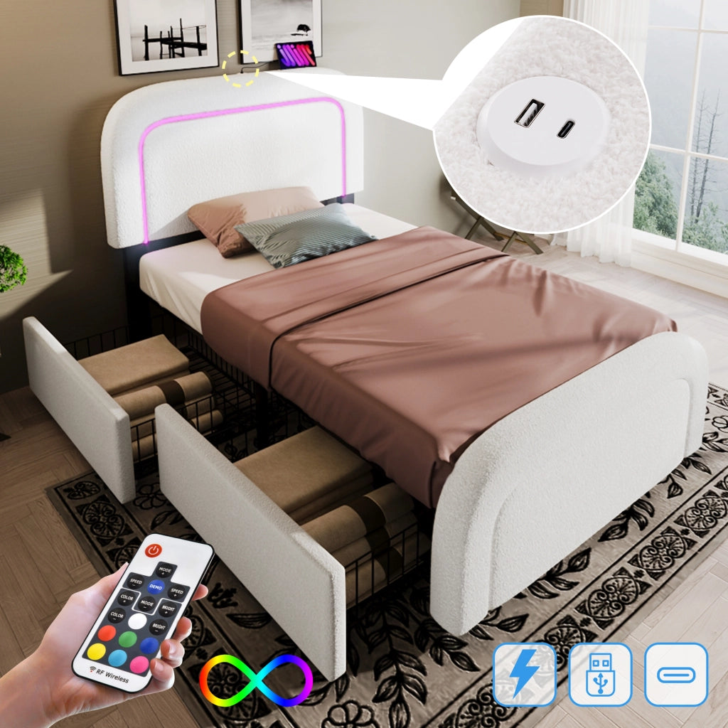 Letto singolo imbottito 90x200 cm con ricarica USB Type-C, LED e 2 cassetti, testiera regolabile, rete a doghe in legno - Bianco (Con materasso)