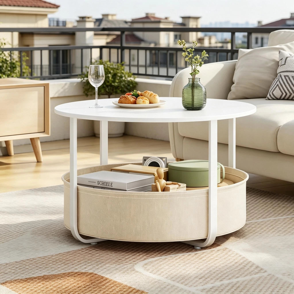 Tavolino basso fisso rotondo con cesto in tela rimovibile struttura in metallo beige e bianco Ø 80 × 50 cm