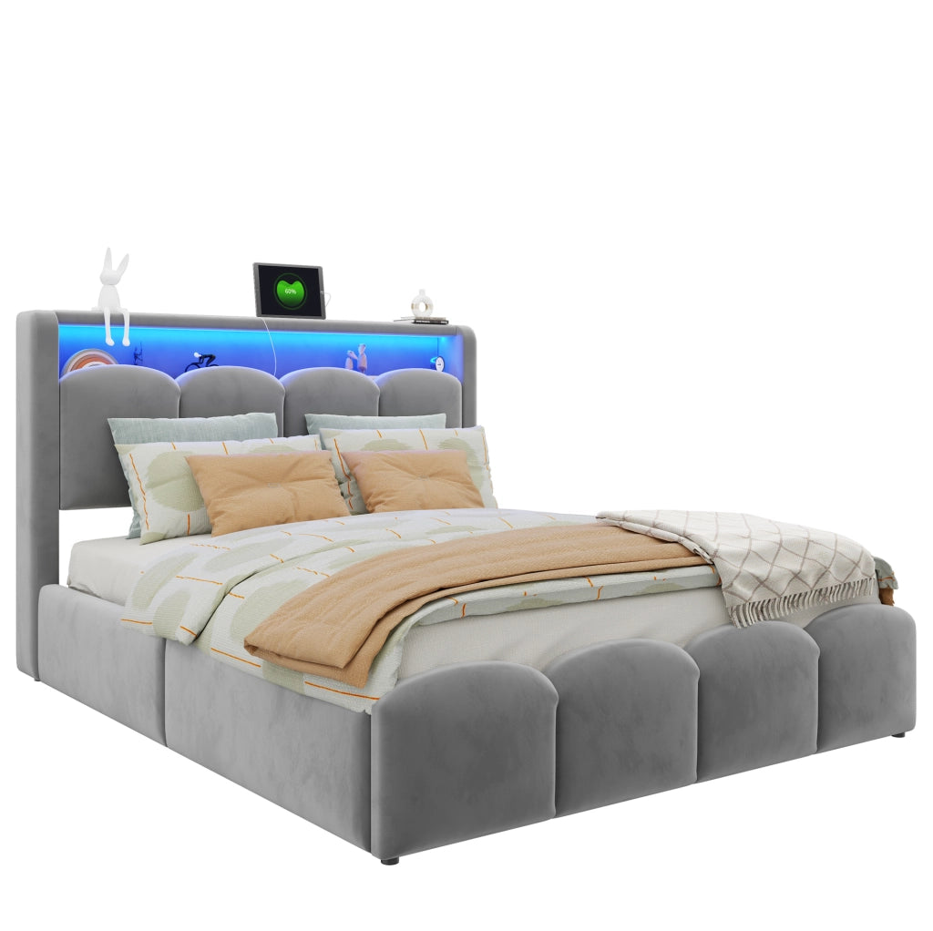 Letto matrimoniale imbottito ULEVR 140x200 cm con contenitore idraulico, LED, USB e Type-C, velluto grigio