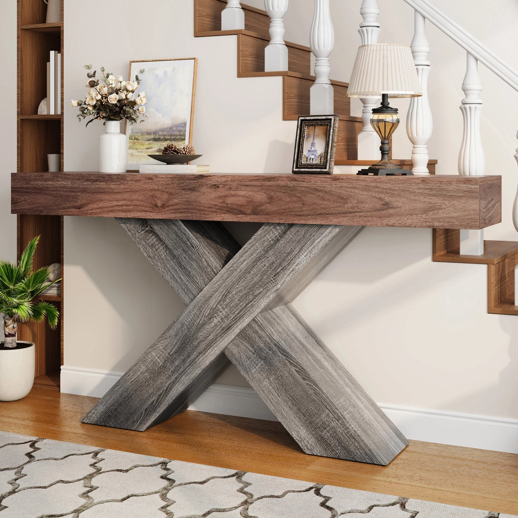 Consolle stretta con supporto a X in truciolare finitura legno noce per ingresso e soggiorno 140 × 30 × 80 cm