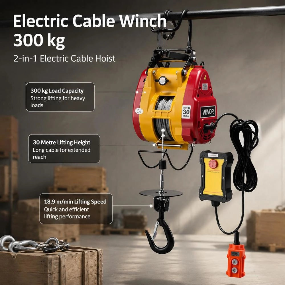 Electric Winch 300 Kg, 2-in-1 Electric Rope Hoist 1500 W, Hoist 30 M Lifting Height, Rope Pull 18.9 M/min, With Wired & Wireless Remote Control For Factory, Warehouse & Garage