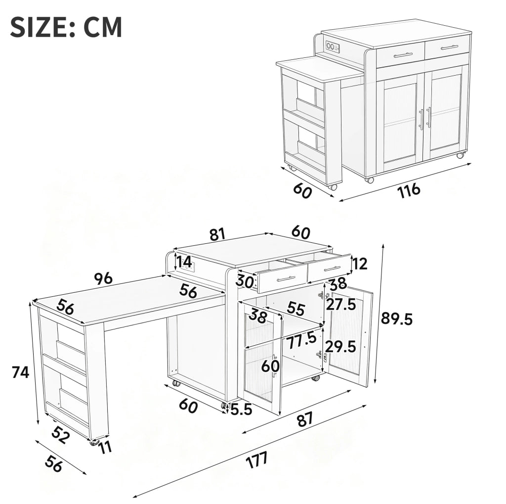 Isola cucina con tavolo estraibile 116-177 cm e prese USB; nera HOMVRA