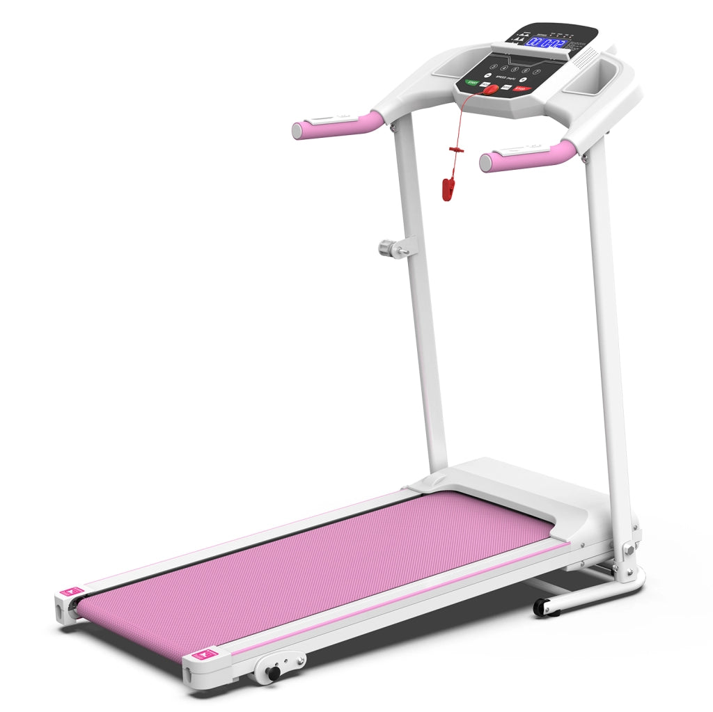 Tapis roulant pieghevole ULEVR con 3 programmi, display LED e ruote di trasporto, bianco e rosa