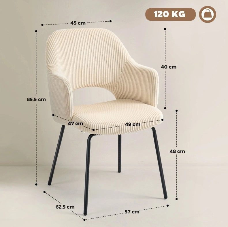 Sedia da pranzo beige in velluto a coste con braccioli