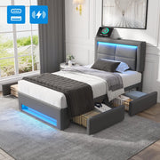 Letto imbottito singolo 90x200 cm con LED, USB e 4 cassetti