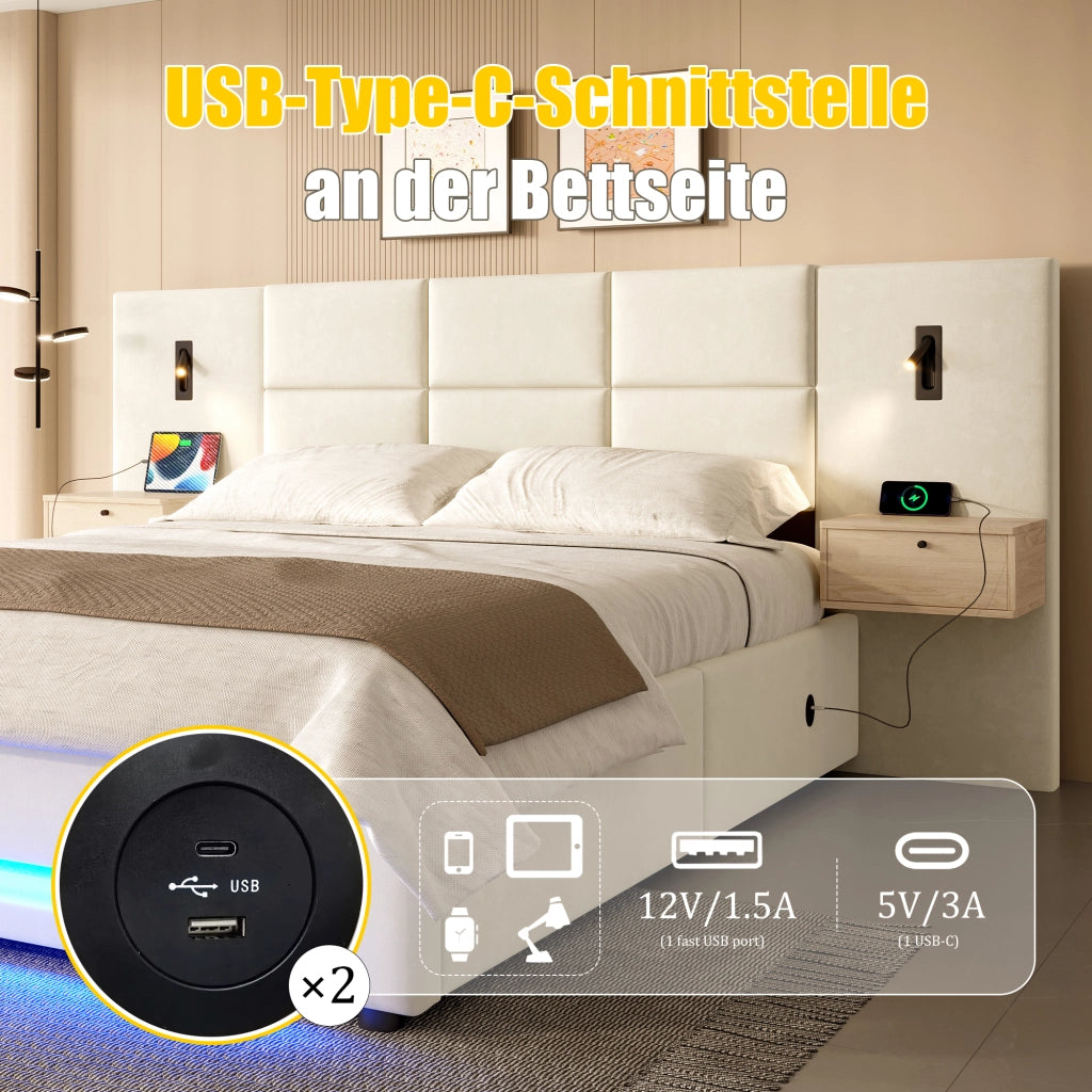 Letto contenitore 160 × 200 cm con testiera imbottita in velluto beige LED USB-C e vano idraulico