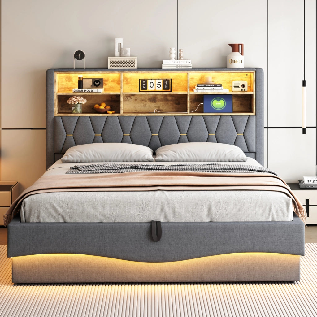 Letto imbottito 180x200 cm con contenitore idraulico, illuminazione LED controllata via app, rete a doghe in metallo, rivestimento in lino grigio