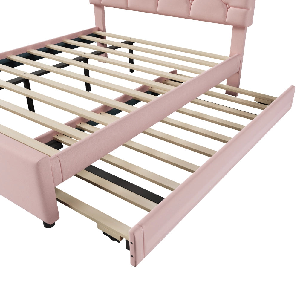 Letto imbottito 140x200 cm con rete a doghe e letto estraibile in velluto rosa