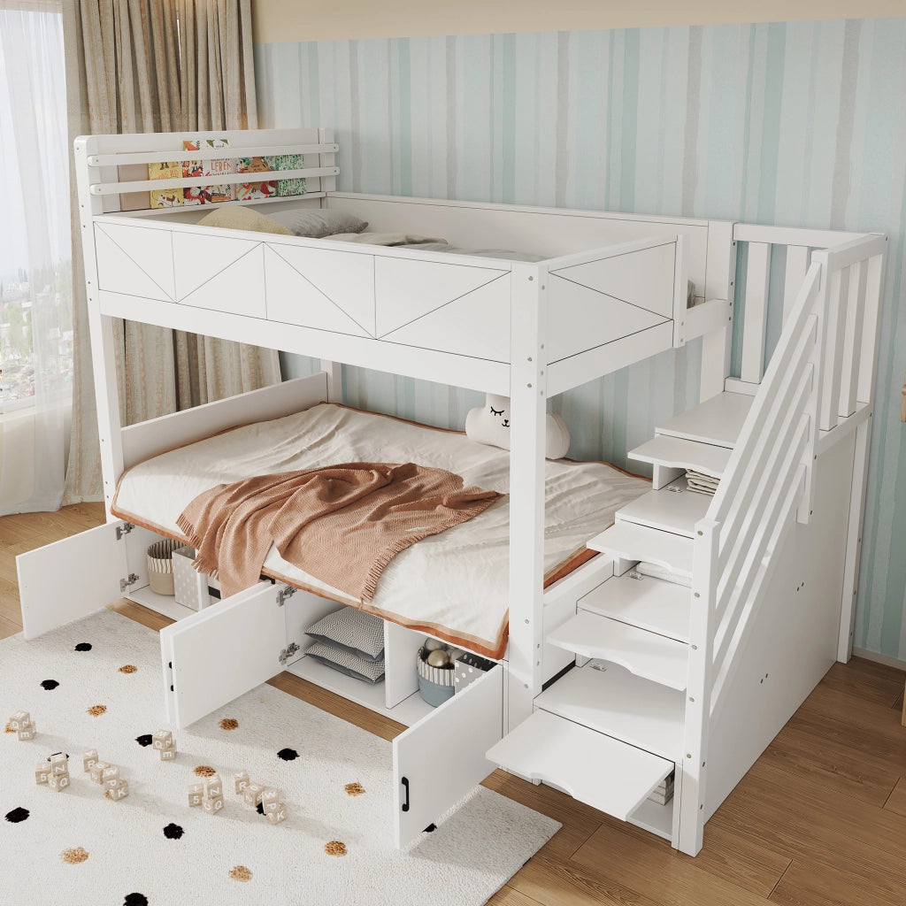 Letto a castello 90 × 200 cm 2 posti con scala contenitore, vani chiusi e ripiano libri, senza materasso, bianco