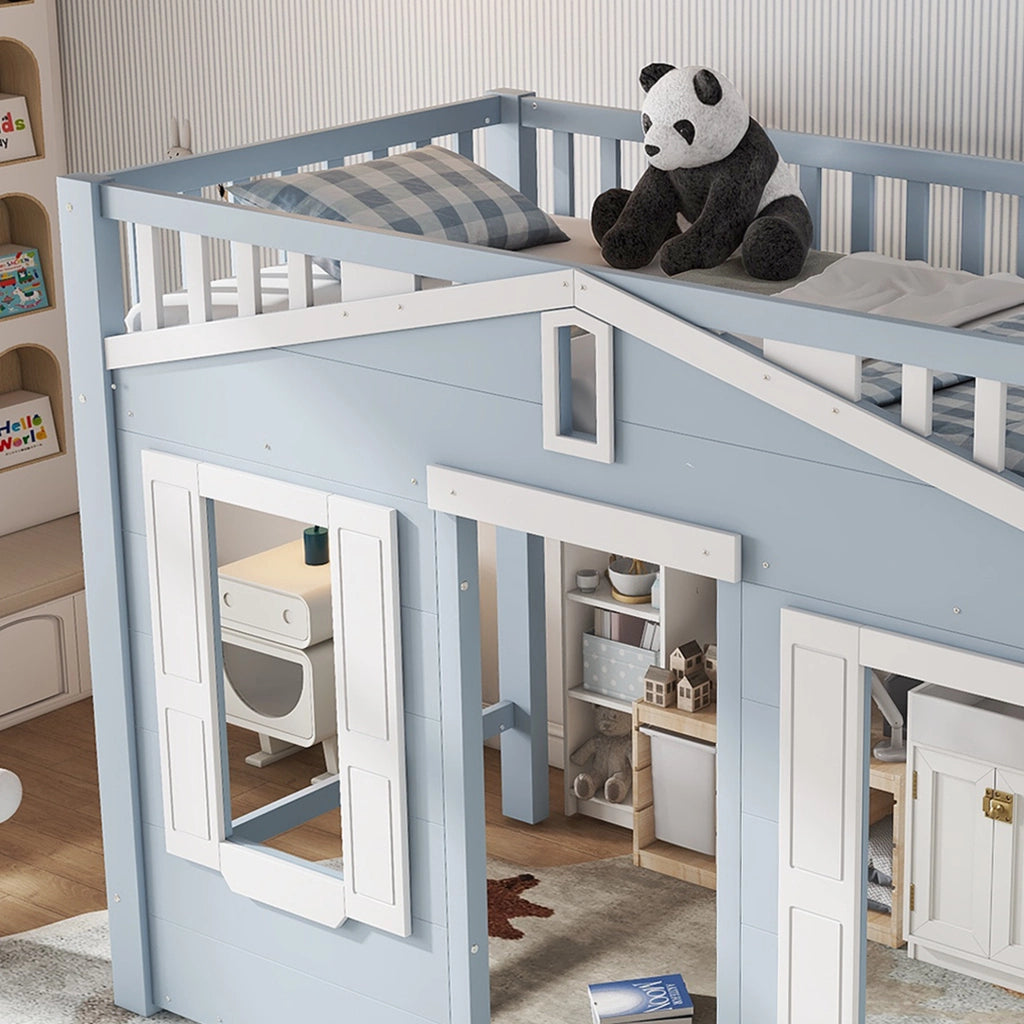 Letto a castello per bambini con scala reversibile e finestra decorativa
