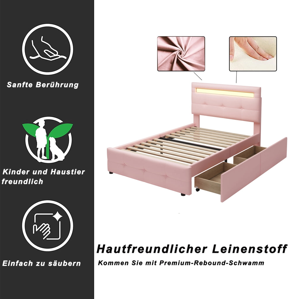 Letto imbottito con LED, 2 cassetti e testiera regolabile, 90x200 cm, rosa