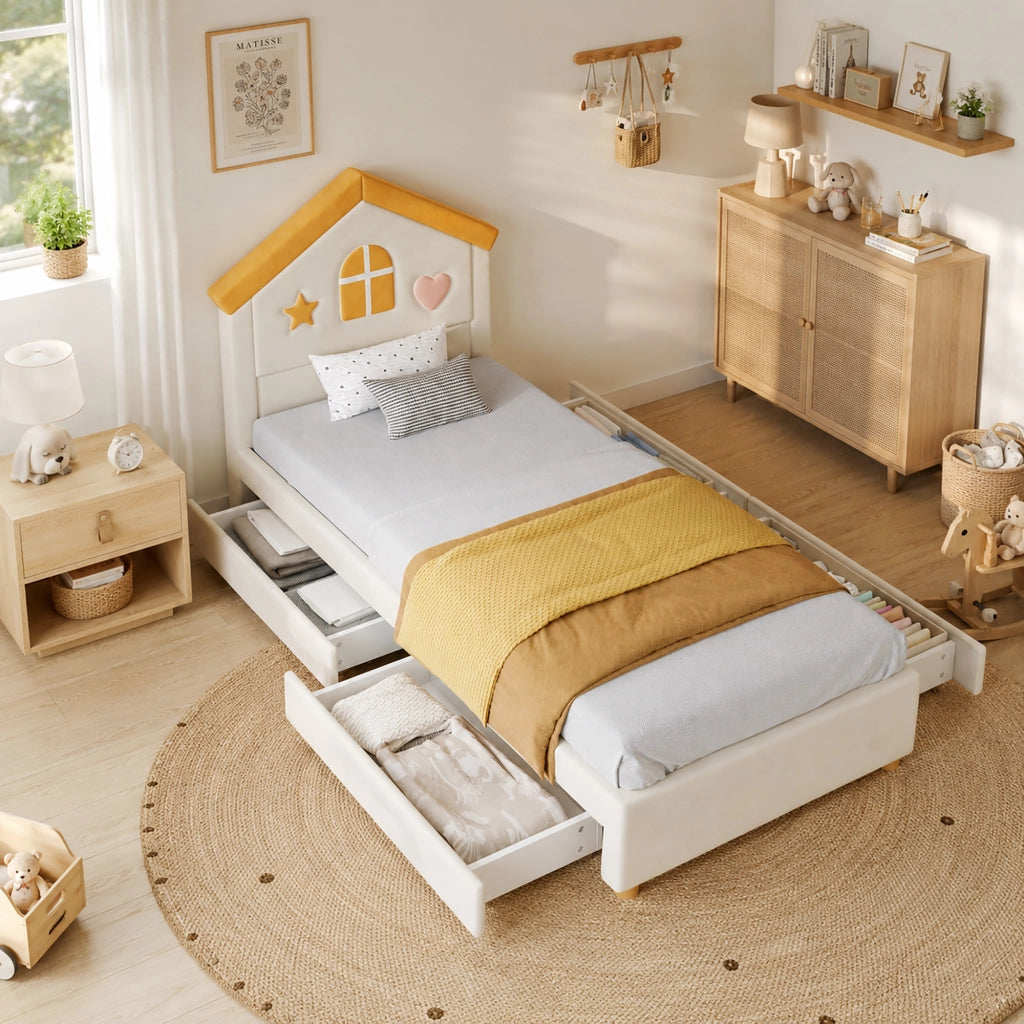 Letto per bambini imbottito 90 × 200 cm con 4 cassetti in velluto beige testiera a casetta rete a doghe
