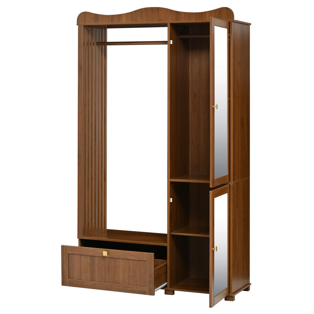 Guardaroba aperto con specchio intero barra appendiabiti ante e cassetti in MDF color noce 115.5 × 38.5 × 194.5 cm