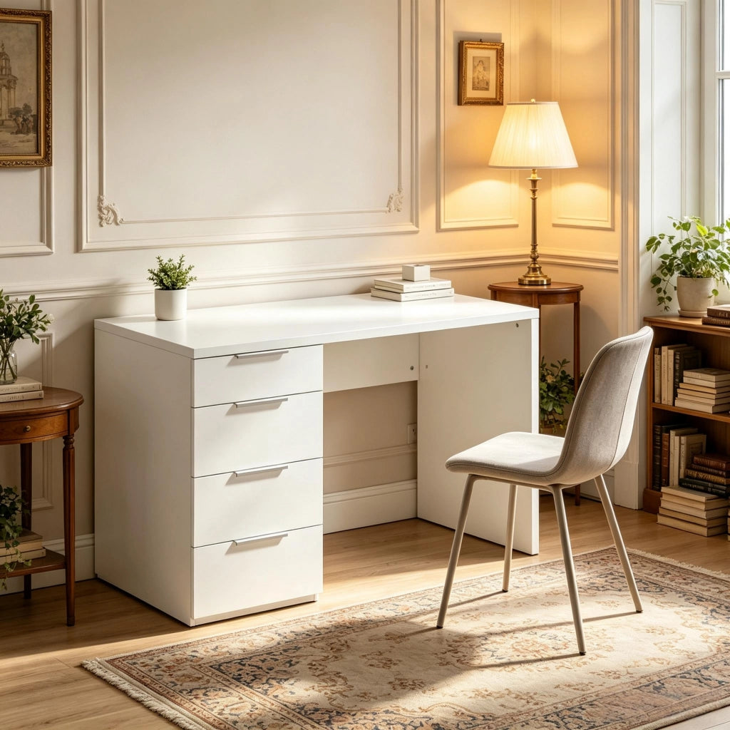 Scrivania lineare con 4 cassetti bianca lucida in pannello truciolare per ufficio e studio 110 × 61,5 × 75 cm