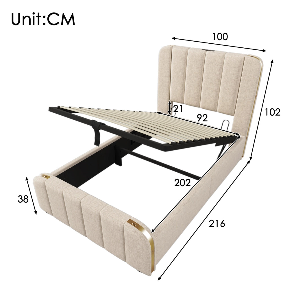 Letto singolo contenitore 90x200 beige in lino， testiera USB Type-C， materasso incluso