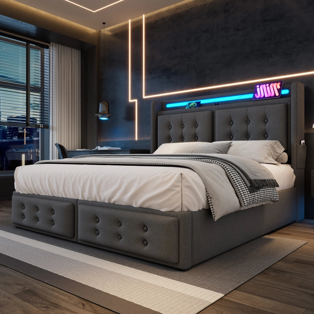 Letto matrimoniale 180x200 cm con contenitore; LED e ricarica USB-C; grigio