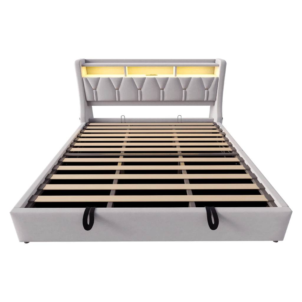 Letto contenitore 180 × 200 cm imbottito con testiera LED prese USB e Type-C in velluto grigio chiaro