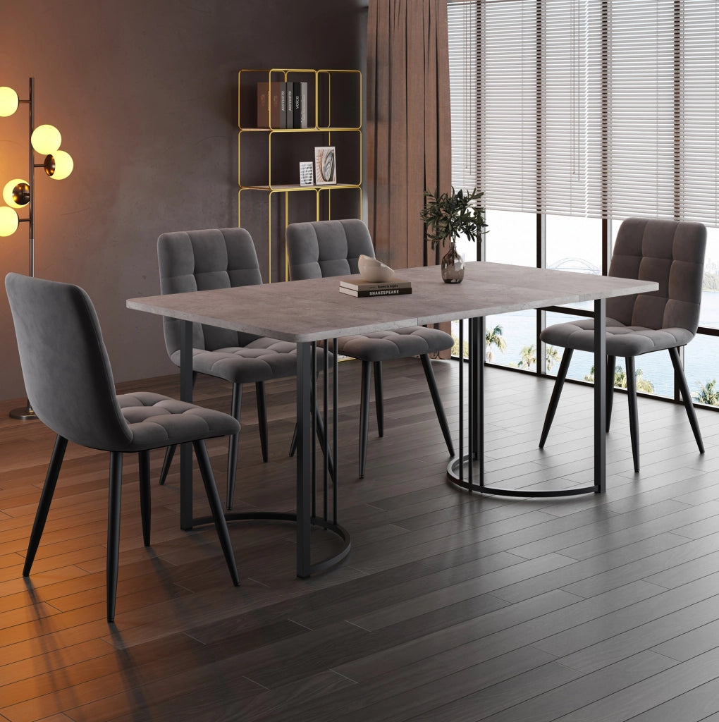 Set tavolo da pranzo 140x80 cm con 4 sedie in velluto grigio e struttura in metallo