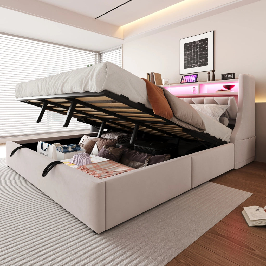 Letto imbottito 180x200 cm con contenitore idraulico, LED e velluto beige