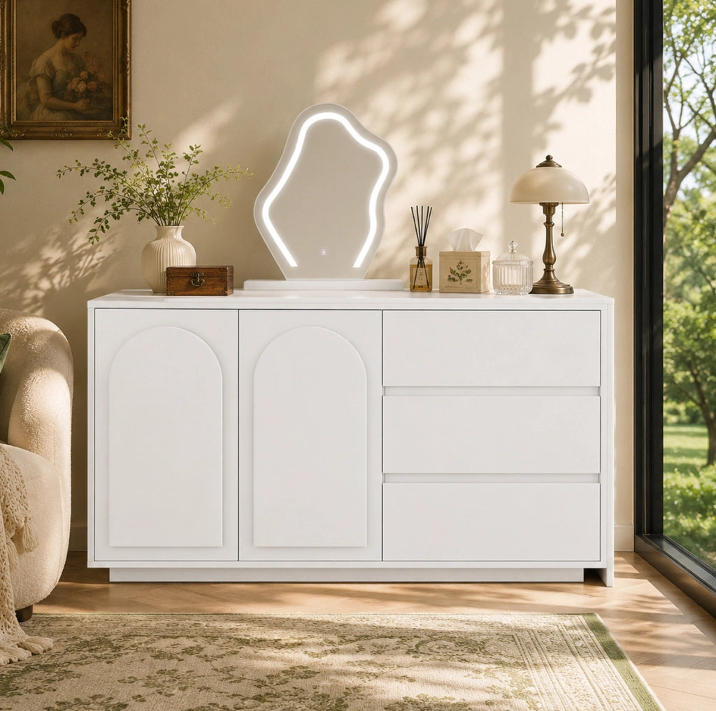 Toeletta 140x40x75 cm con specchio LED a 3 tonalit¨¤ e piano estraibile bianca