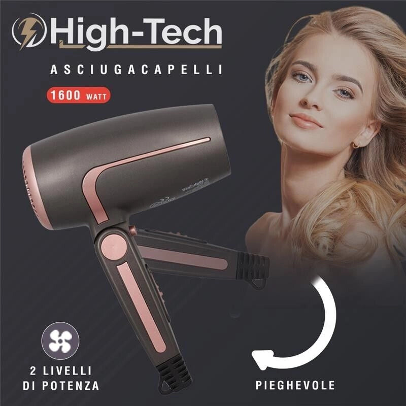 HIGH-TECH ASCIUGACAPELLI PIEGHEVOLE CON DIFFUSORE DA 1600 WATT
