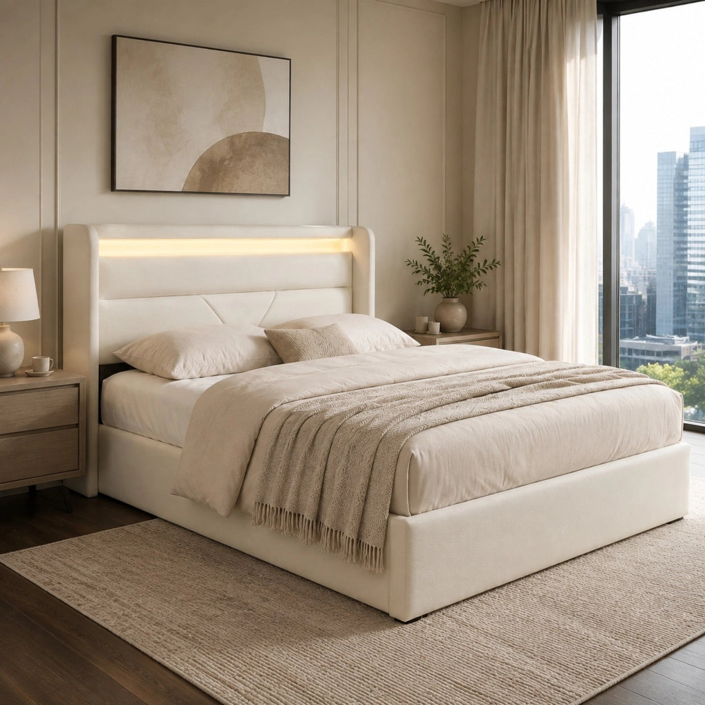 Letto matrimoniale imbottito 160 × 200 cm con contenitore idraulico LED telecomando in PU bianco rete a doghe
