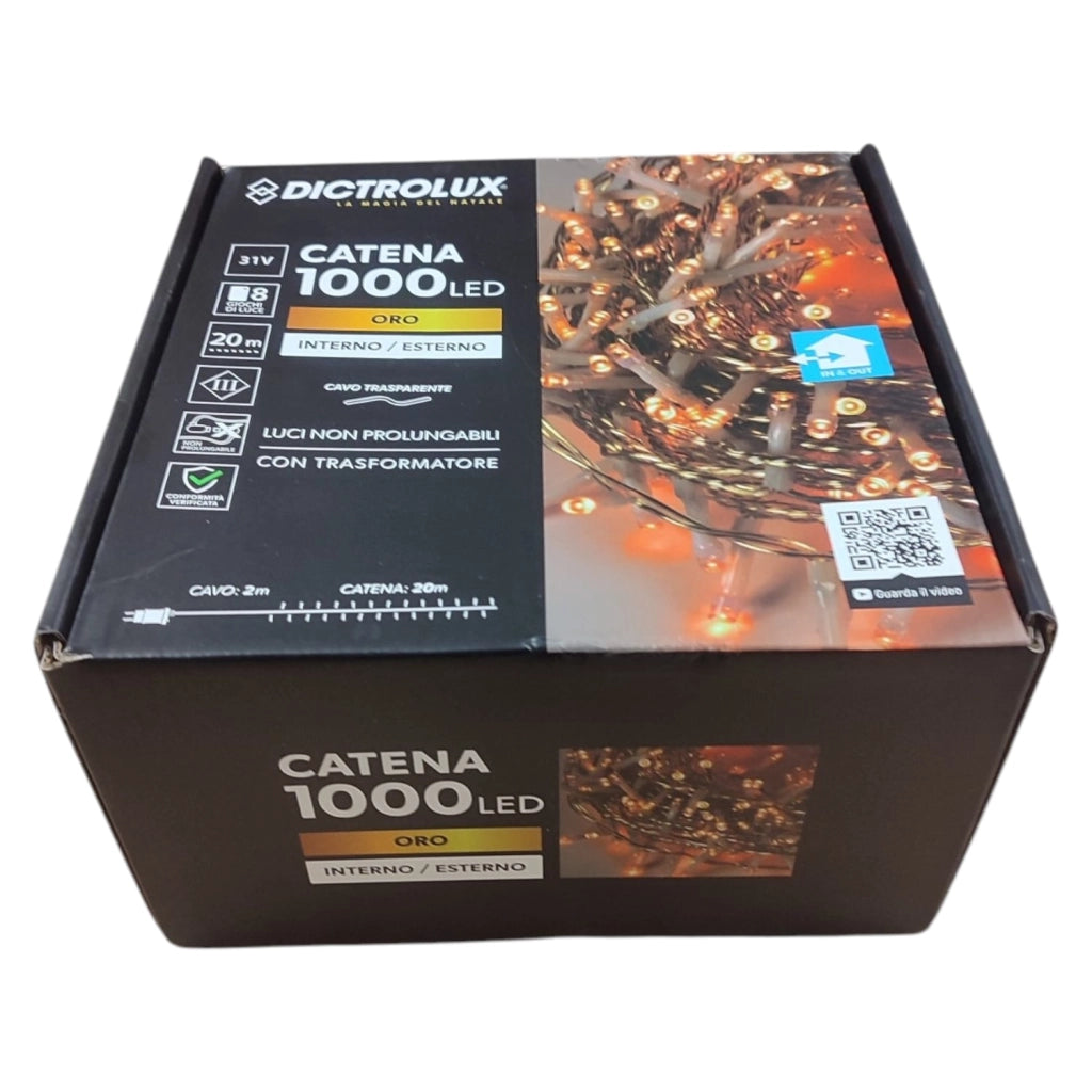 LUCI LED ORO 1000 LED 20 MT INTERNO ESTERNO CAVO TRASPARENTE