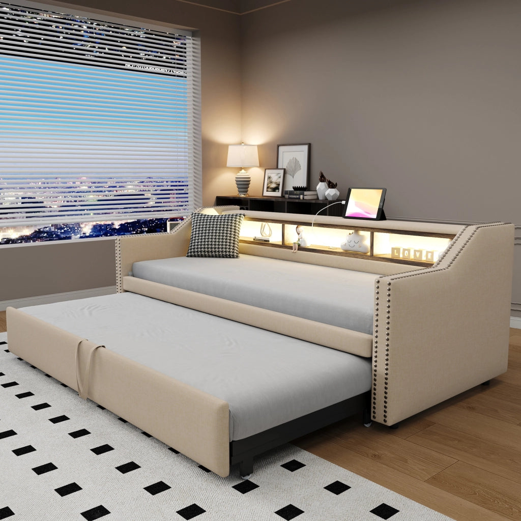 Divano letto imbottito estraibile 90/180 x 190 cm con LED; USB e materassi beige