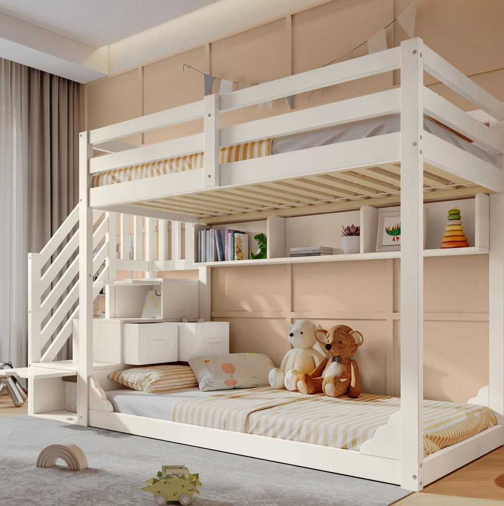 Letto a castello in legno bianco 90x200 cm per bambini con scala armadio e spazio contenitore, senza materasso