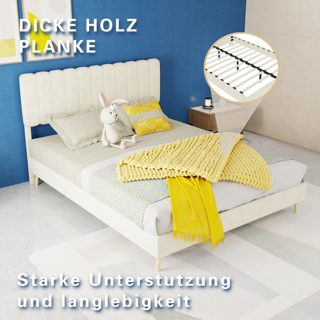 Letto imbottito moderno 140x200 cm con testiera morbida beige, struttura in legno senza contenitore, materasso incluso