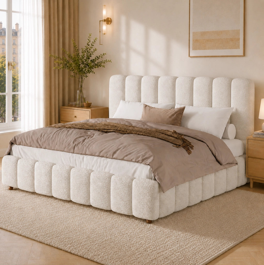 LETTO Matrimoniale Imbottito 160x200 cm Bouclé Bianco con Rete a Doghe