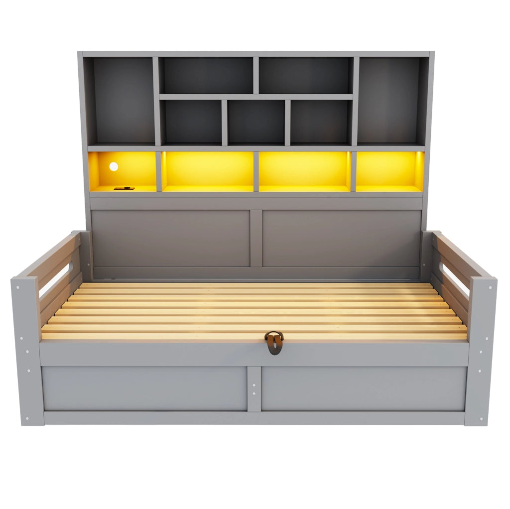 Letto singolo multifunzione 90x200 cm con contenitore idraulico, illuminazione LED e presa elettrica, grigio