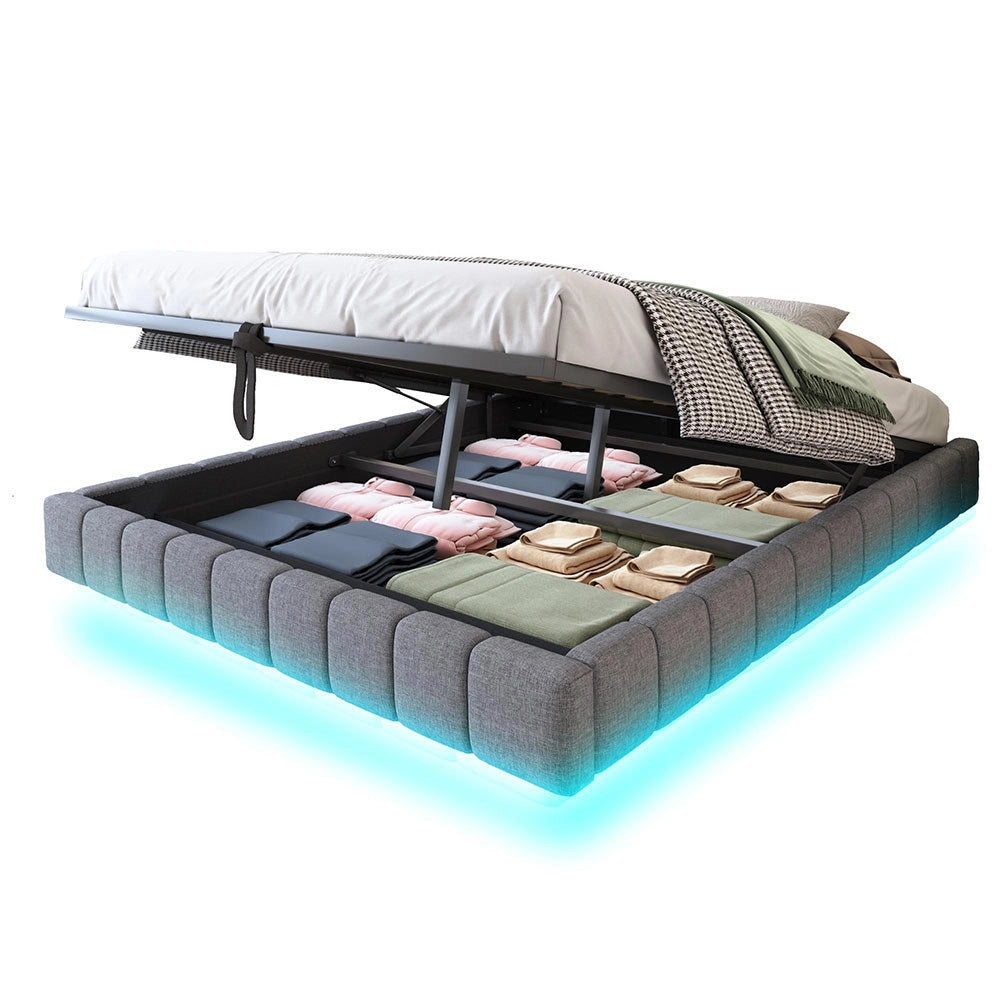 Letto-Xylo-180x200 cm-idraulico, LED, senza testiera, lino grigio