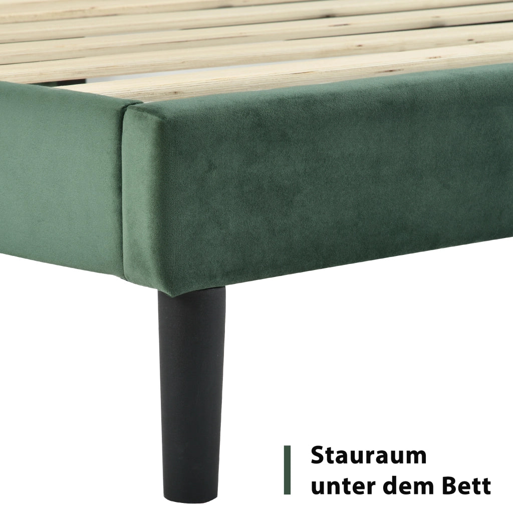 Letto matrimoniale imbottito 140 × 200 cm con rete a doghe e materasso in velluto verde scuro con testiera