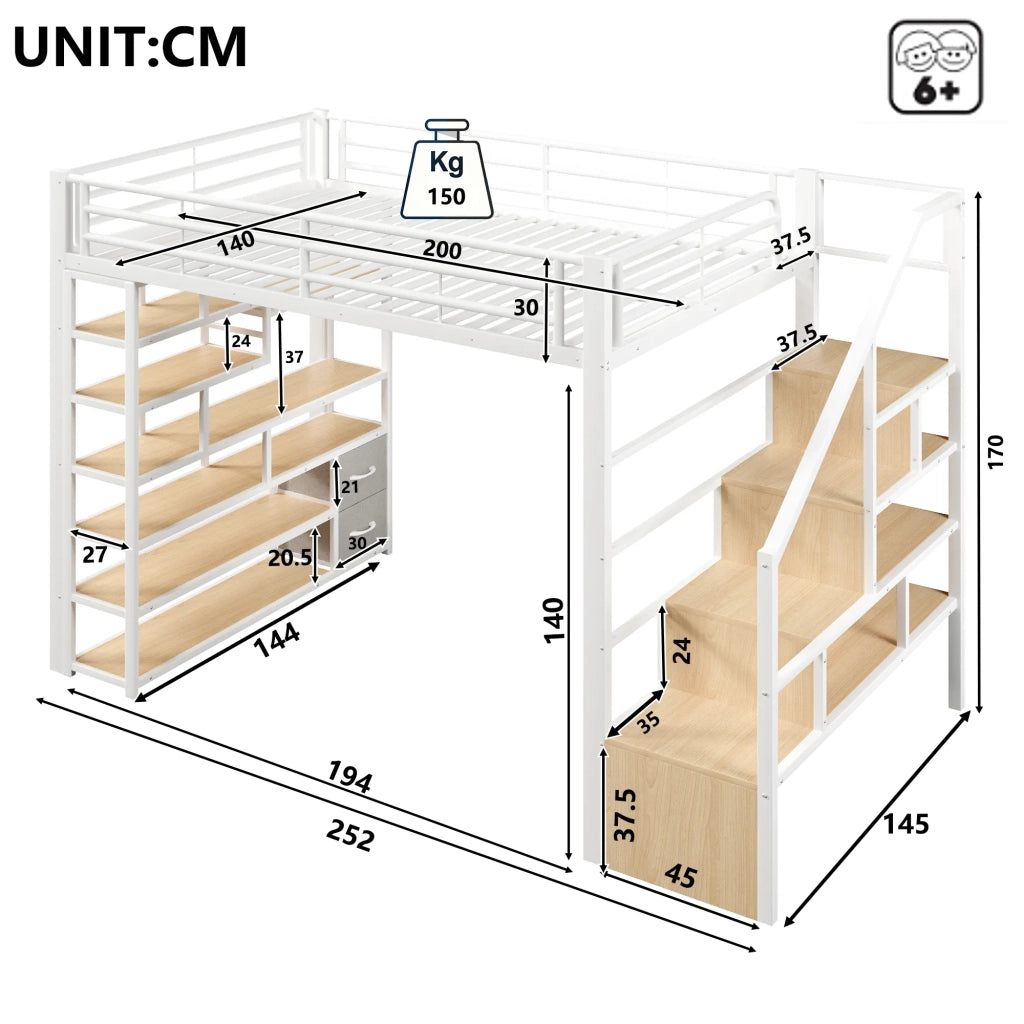 Letto a soppalco bianco 140x200 cm, struttura in ferro con scale integrate e ringhiera. Include cassetti in tessuto, ripiano, luce LED e spazio aperto sotto il letto. Senza materasso.