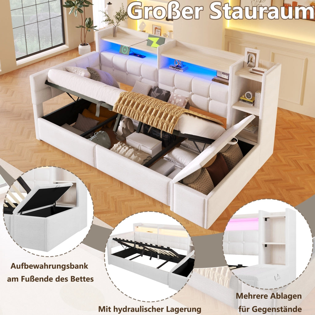 Letto da Giorno 90x200 cm in velluto con Contenitore Idraulico; Panca Contenitore; LED; USB-C; Ripiani Bianco