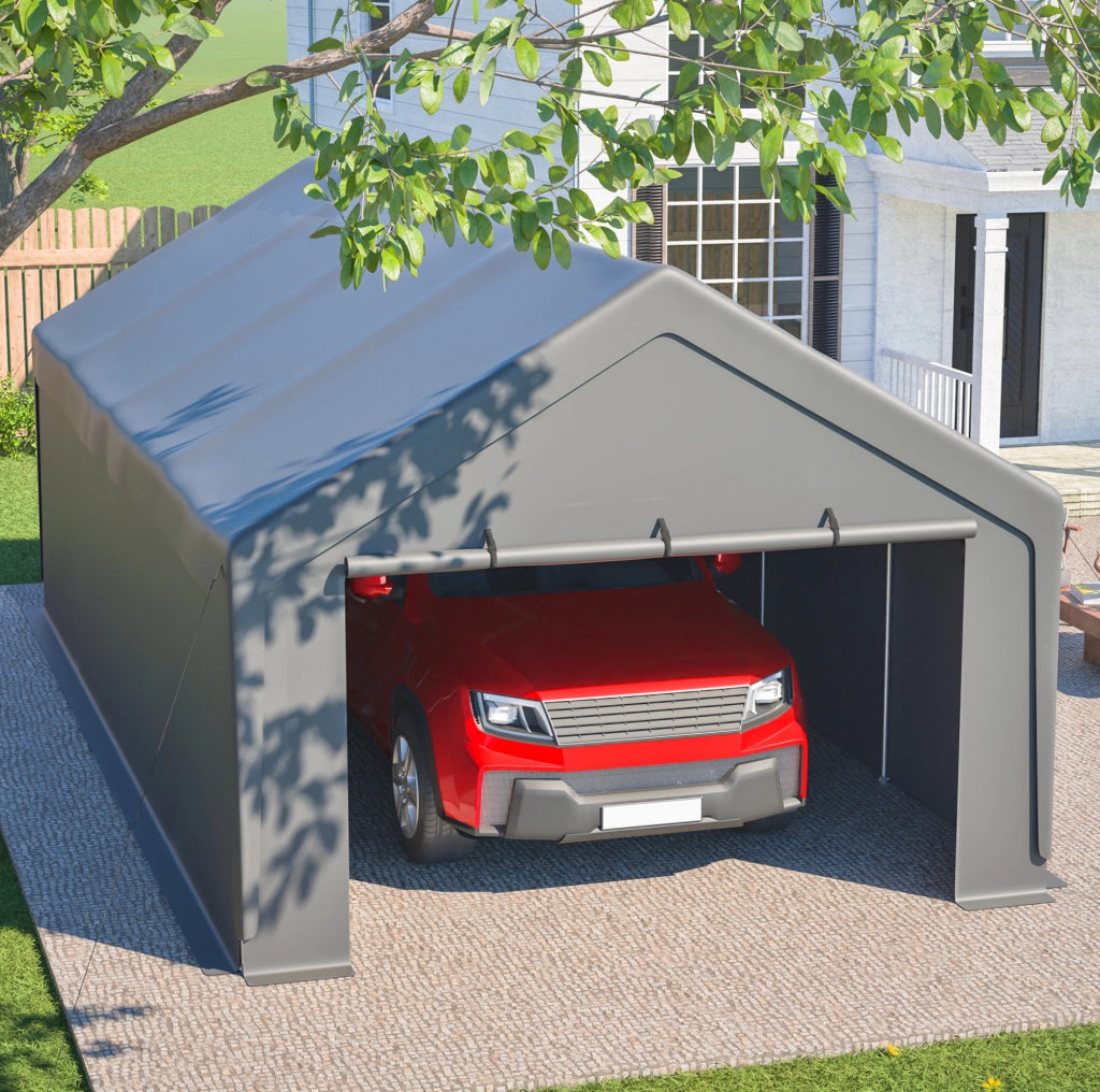 Carport 400x765x311 cm in metallo grigio con pareti rimovibili e finestre arrotolabili