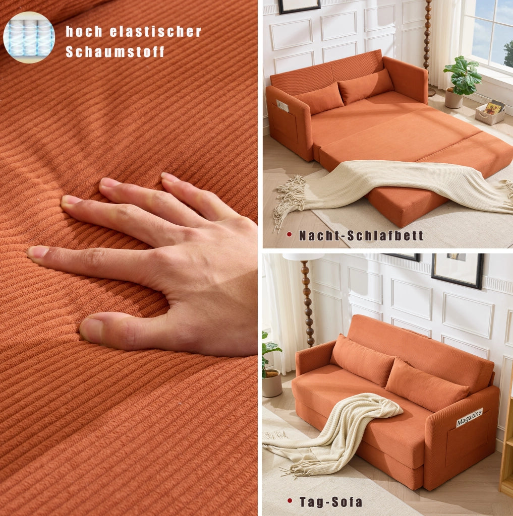 Divano letto 2 posti in tessuto di cotone, arancione, con due cuscini lombari e tasche portaoggetti, dimensioni 165x92x82 cm