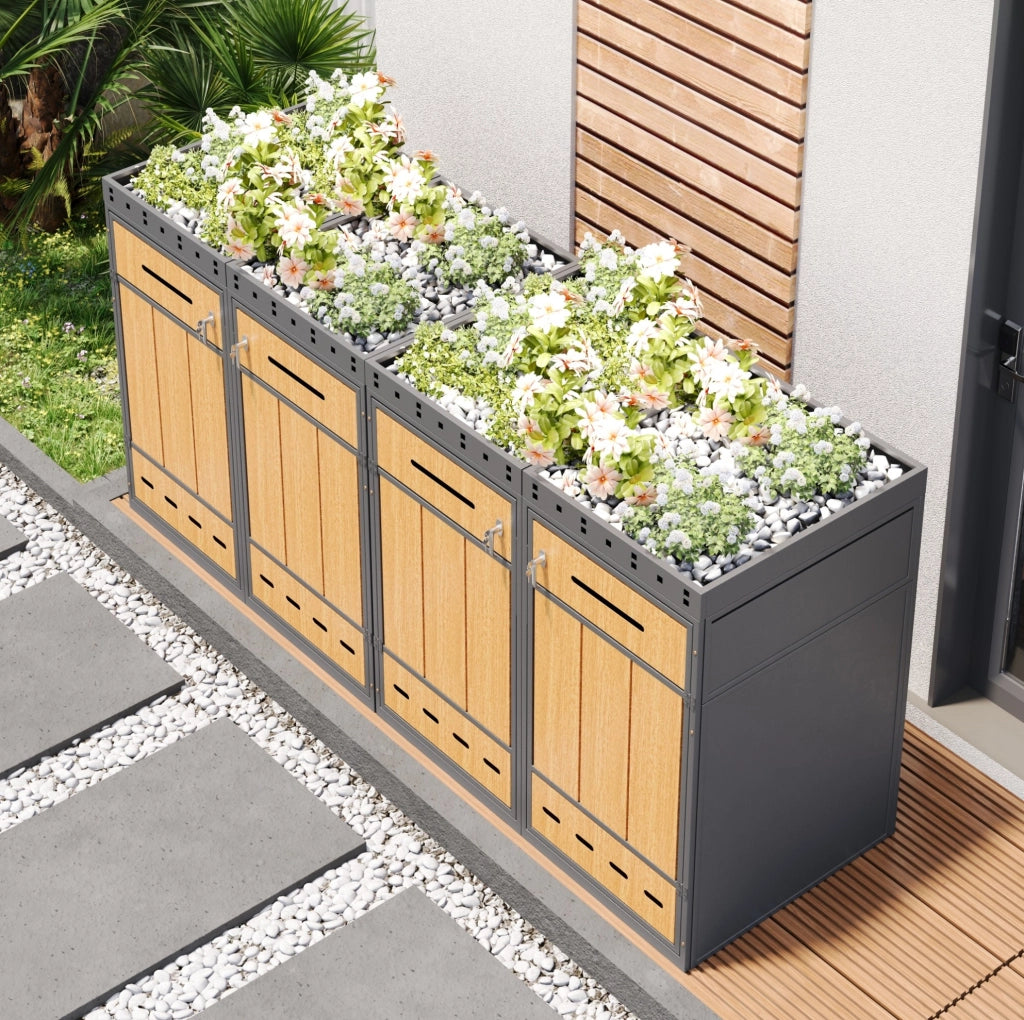 Cassonetto porta rifiuti in acciaio zincato con tetto coltivabile effetto legno per 4 bidoni da 120-240 L