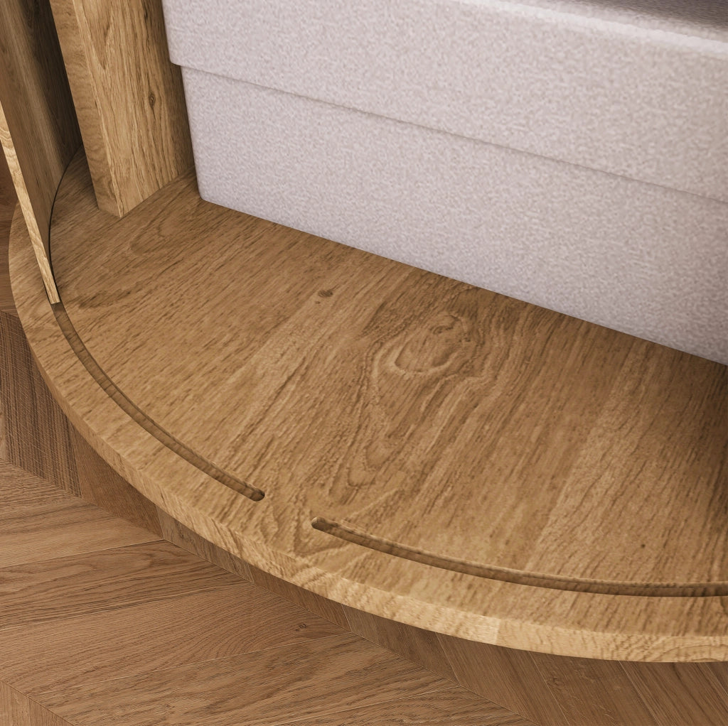 Comodino cilindrico stile Mid-Century con stazione di ricarica (presa elettrica + 2 USB), anta scorrevole e doppio vano, finitura effetto quercia, 60x60x60 cm