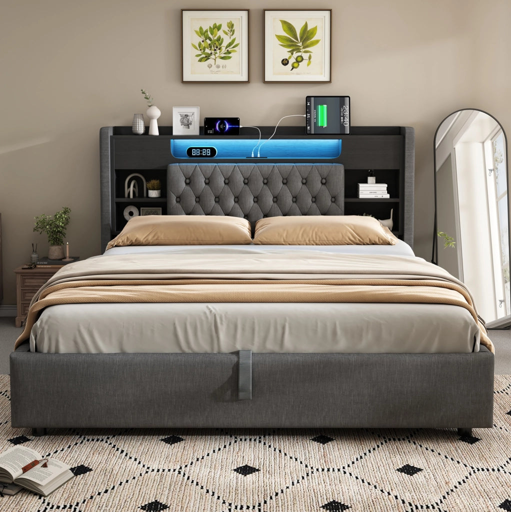 Letto 140x200 cm con contenitore idraulico, LED, USB e USB-C in lino grigio