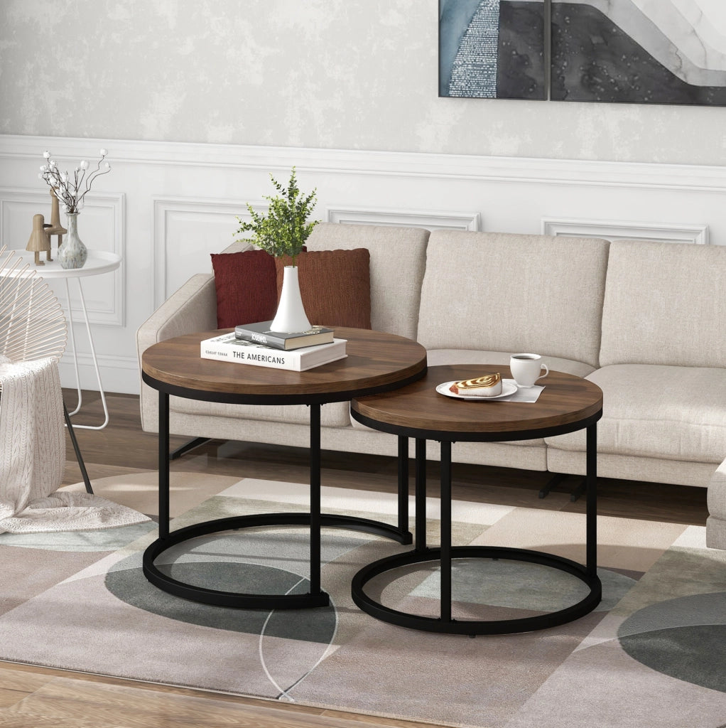 Set 2 tavolini da caffè rotondi impilabili in MDF; noce e nero