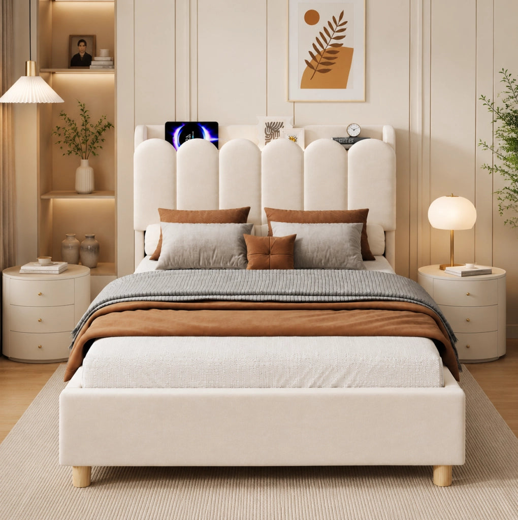 Letto per bambini 90x200 cm con rete a doghe, testiera con luce notturna e USB-C in velluto beige